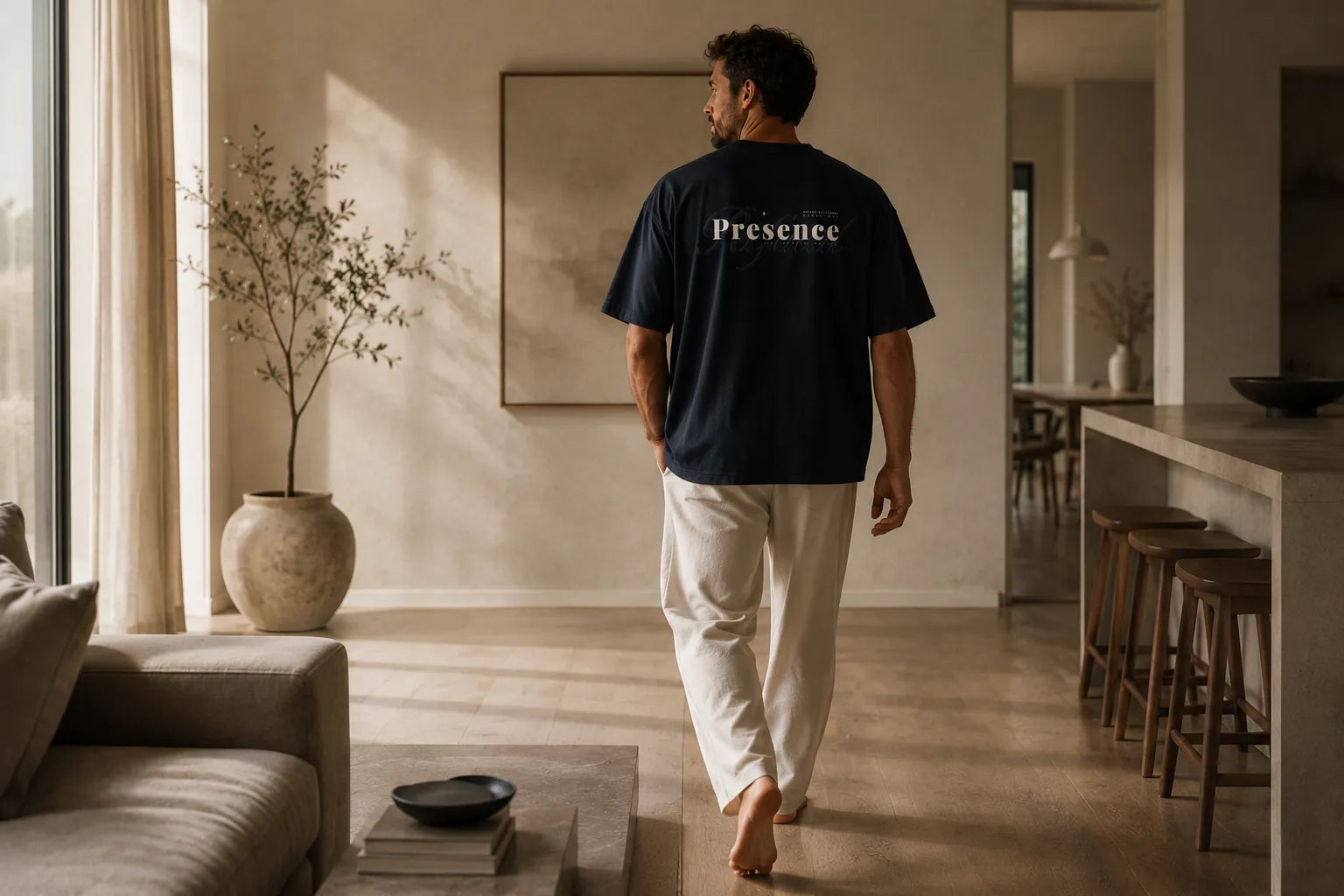 Modern man wearing the BRTLS Expressions navy t-shirt in a minimalist Scandinavian interior with soft natural morning light