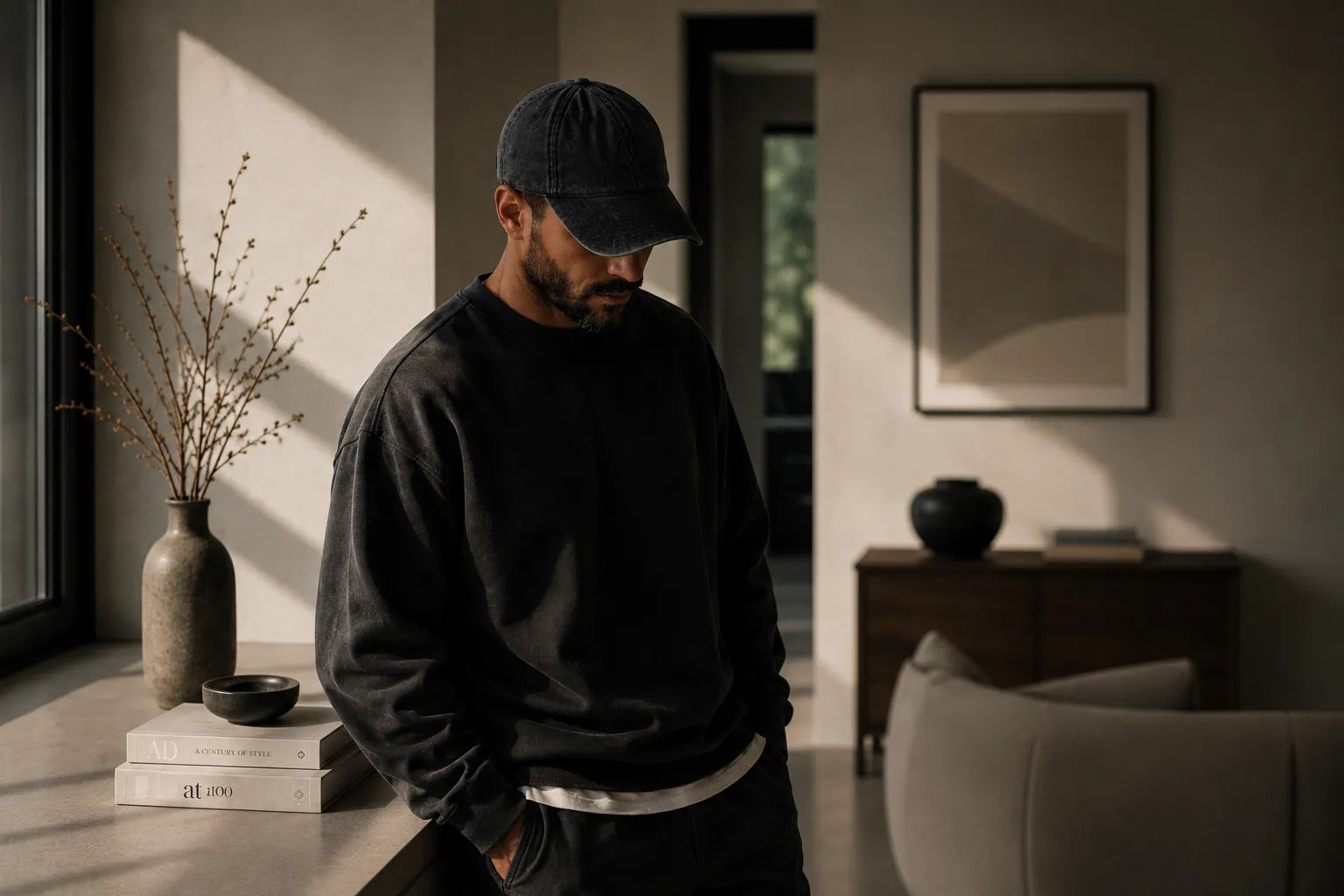 Man wearing a washed charcoal BRTLS cap in a minimalist Scandinavian interior with soft cinematic morning light