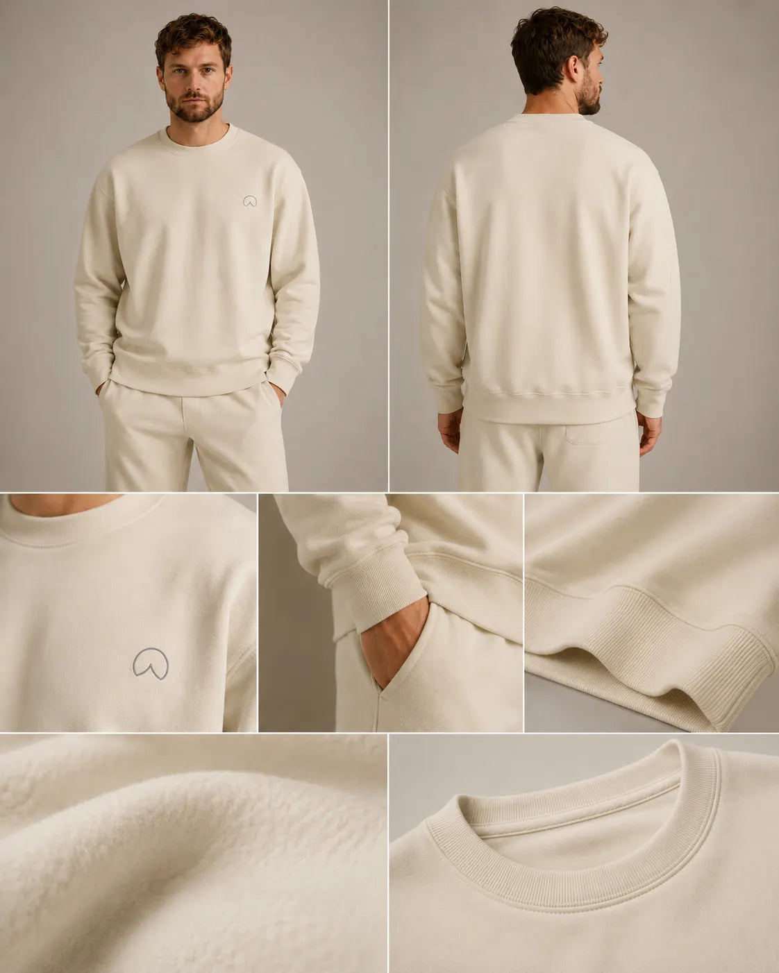 BRTLS Own Your Presence Bone sweatshirt featuring heavyweight fleece fabric, relaxed fit, minimal chest embroidery and refined premium construction details.