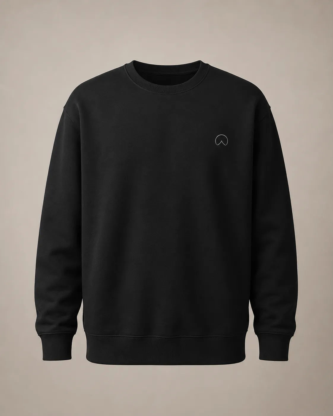 Front view of the black BRTLS Own Your Presence sweatshirt with minimal tonal embroidery and heavyweight premium fit