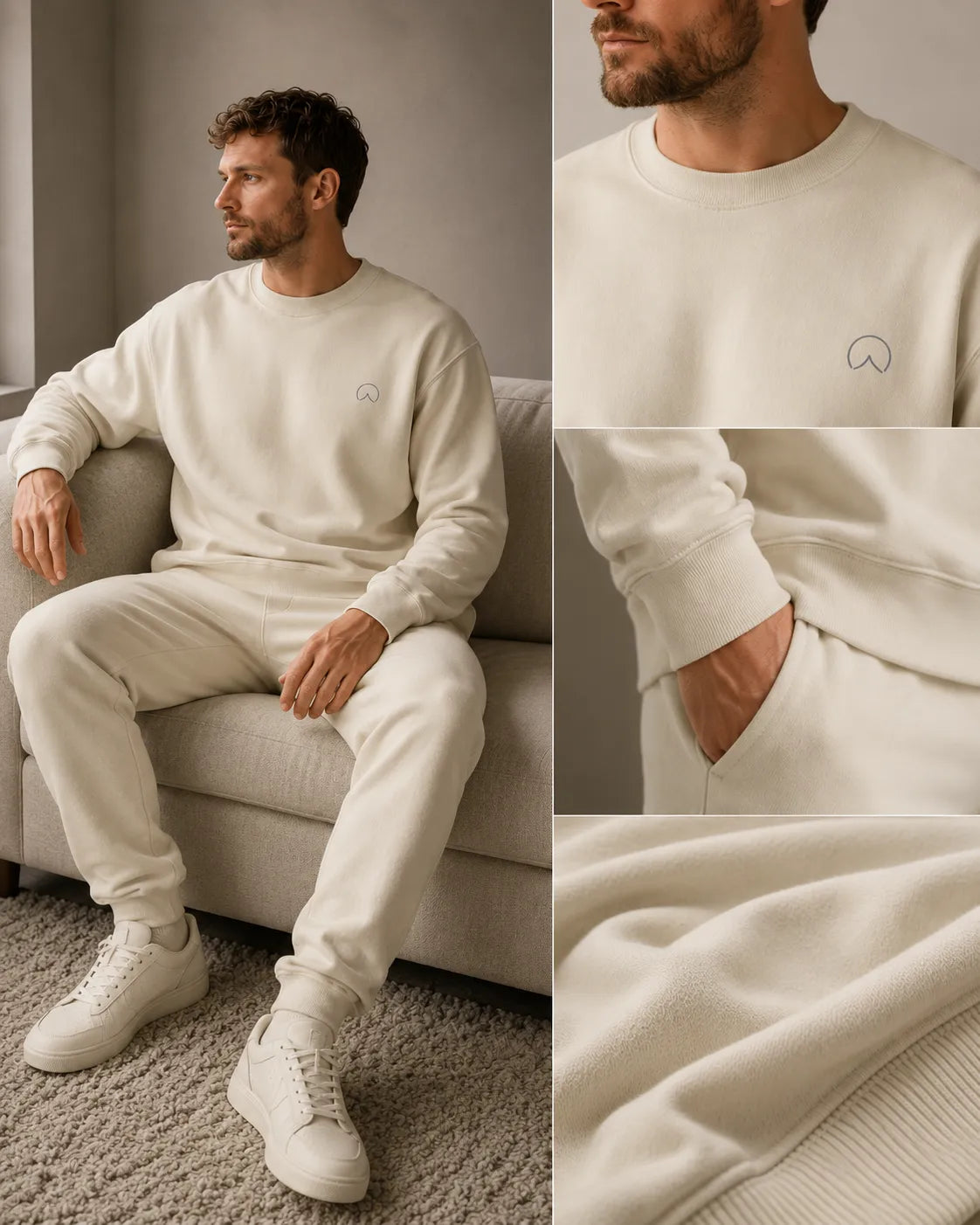 Minimal lifestyle collage of the BRTLS Own Your Presence sweatshirt in bone showcasing fit, fabric texture and relaxed premium silhouette