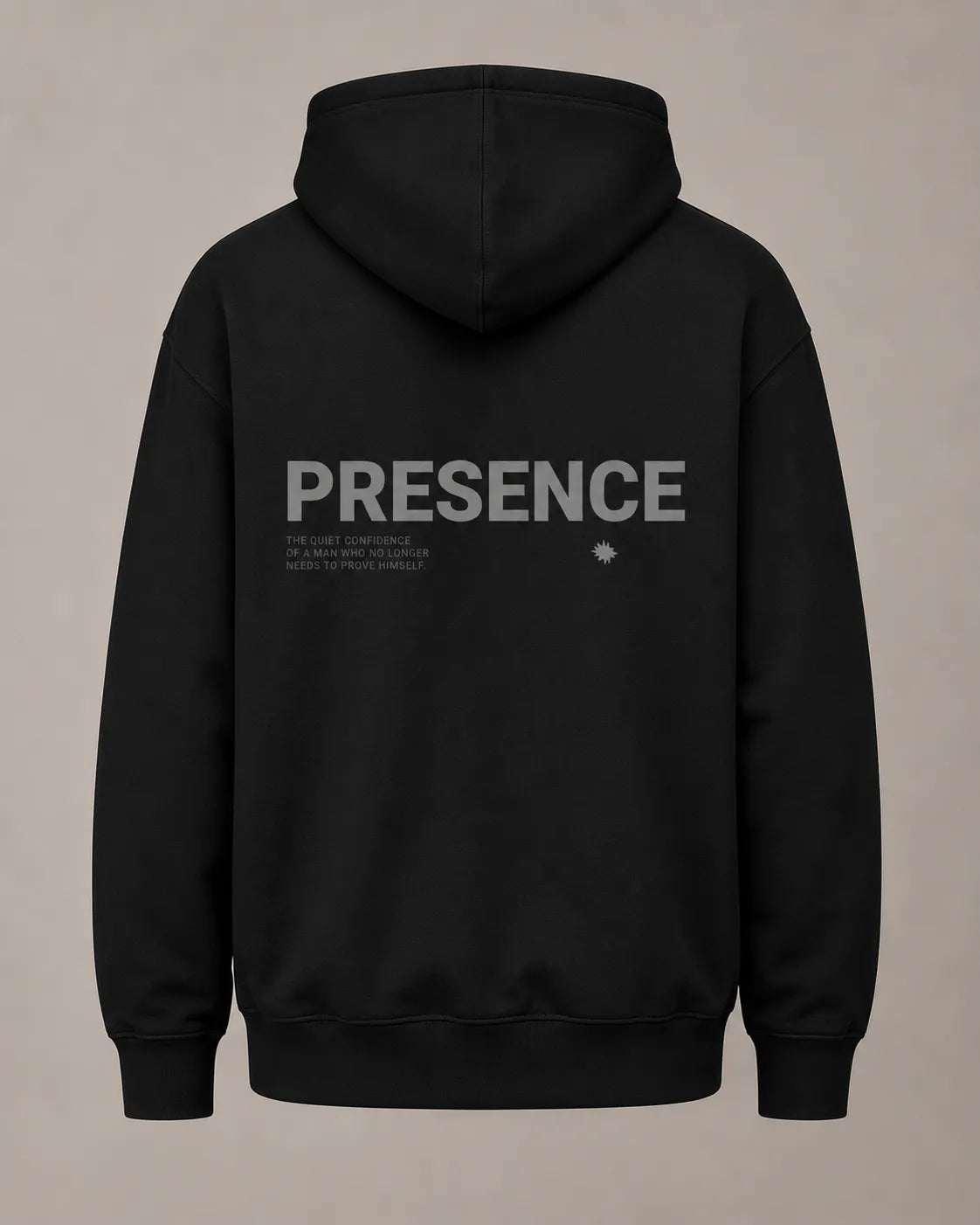 Back product view of The Presence Hoodie Black by BRTLS featuring tonal Presence typography artwork