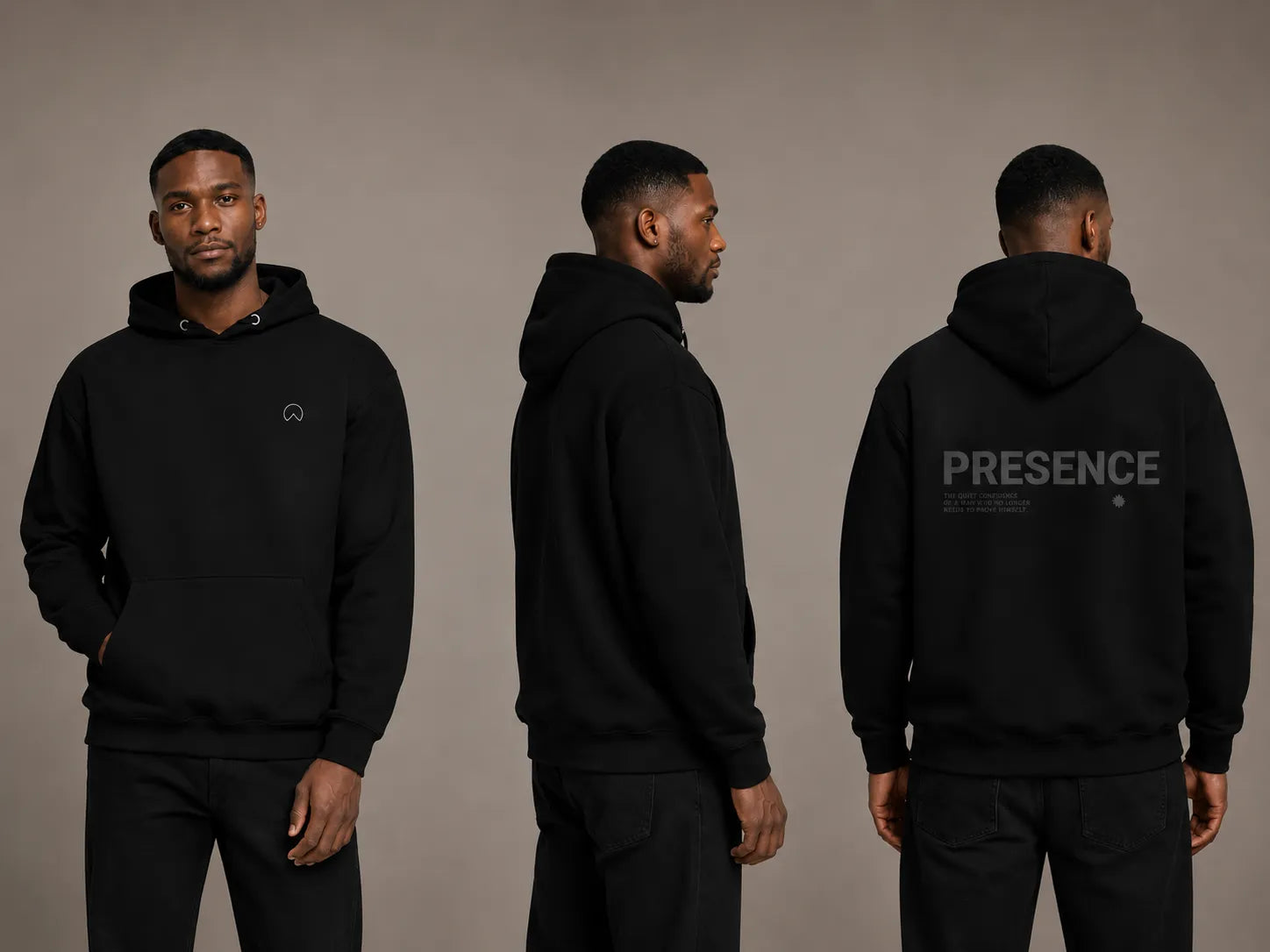 Fit and feel overview of The Presence Hoodie Black by BRTLS showcasing relaxed modern fit, structured drape and heavyweight comfort