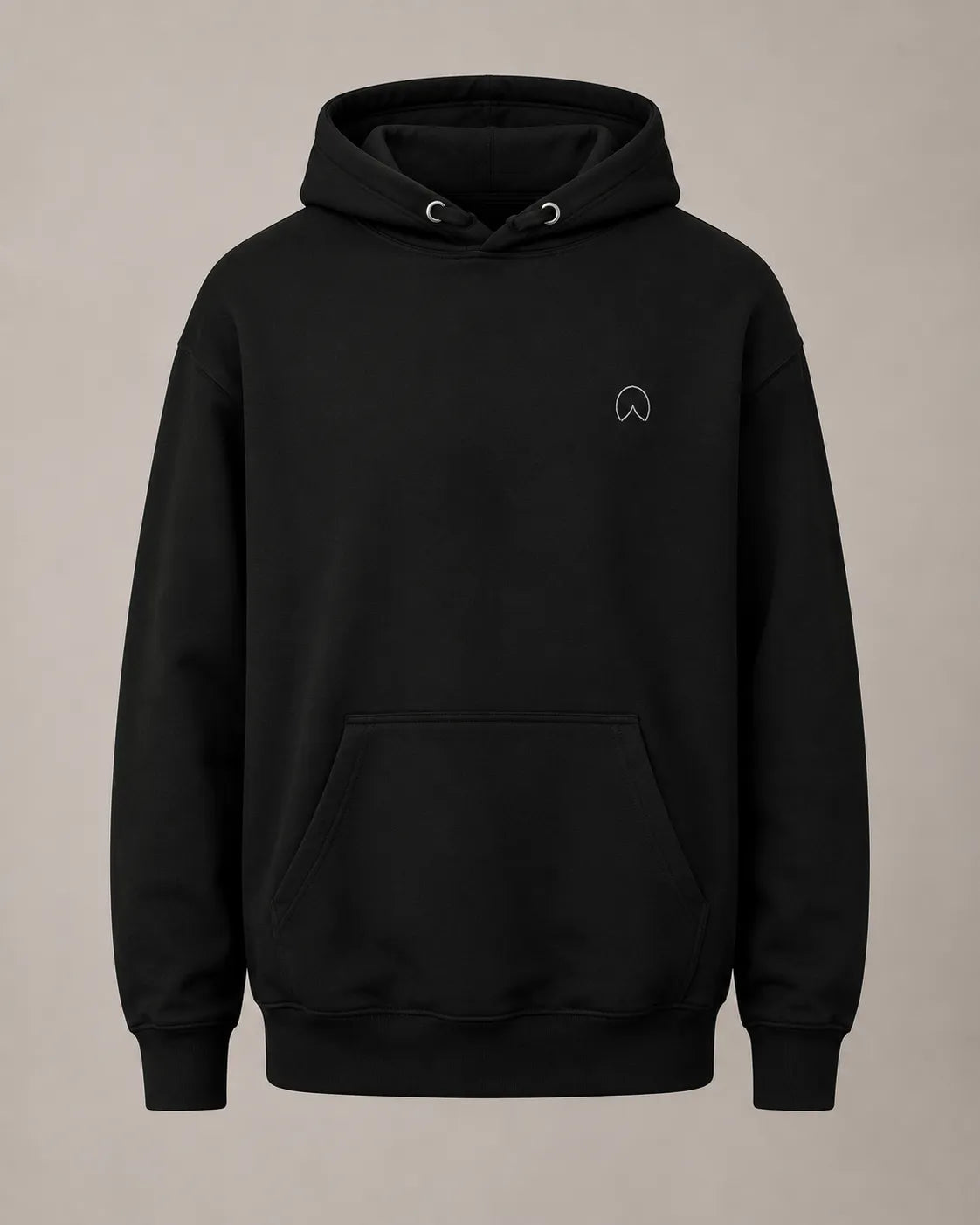 Front product view of The Presence Hoodie Black by BRTLS with minimalist signature mark and heavyweight construction