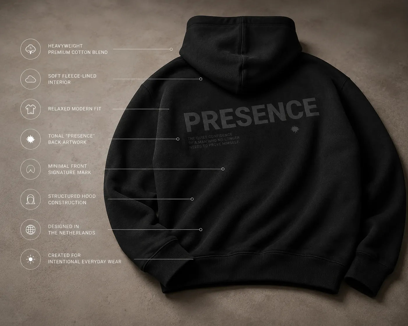 The Presence Hoodie Black by BRTLS showcasing premium heavyweight cotton, tonal Presence artwork and refined minimalist construction
