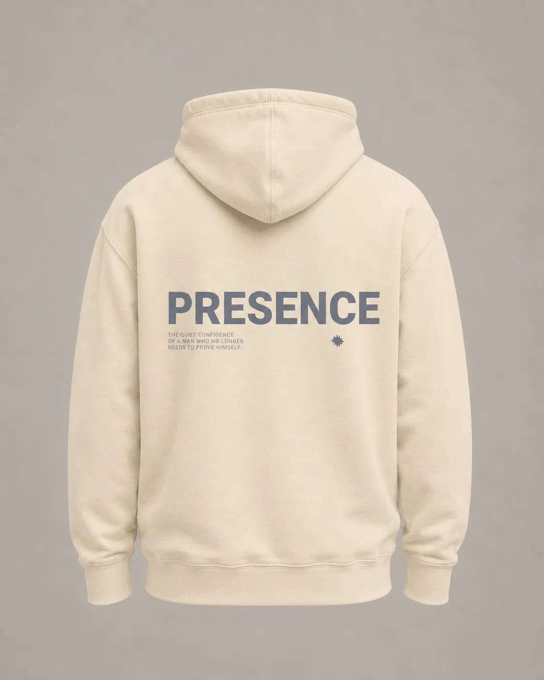 Back flat lay of the bone BRTLS Presence Hoodie featuring tonal Presence graphic artwork