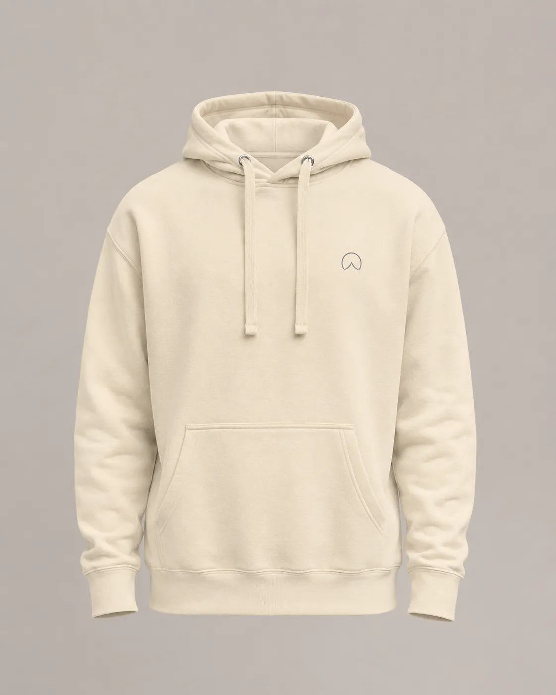 Front flat lay of the bone BRTLS Presence Hoodie with minimalist embroidery and structured heavyweight construction