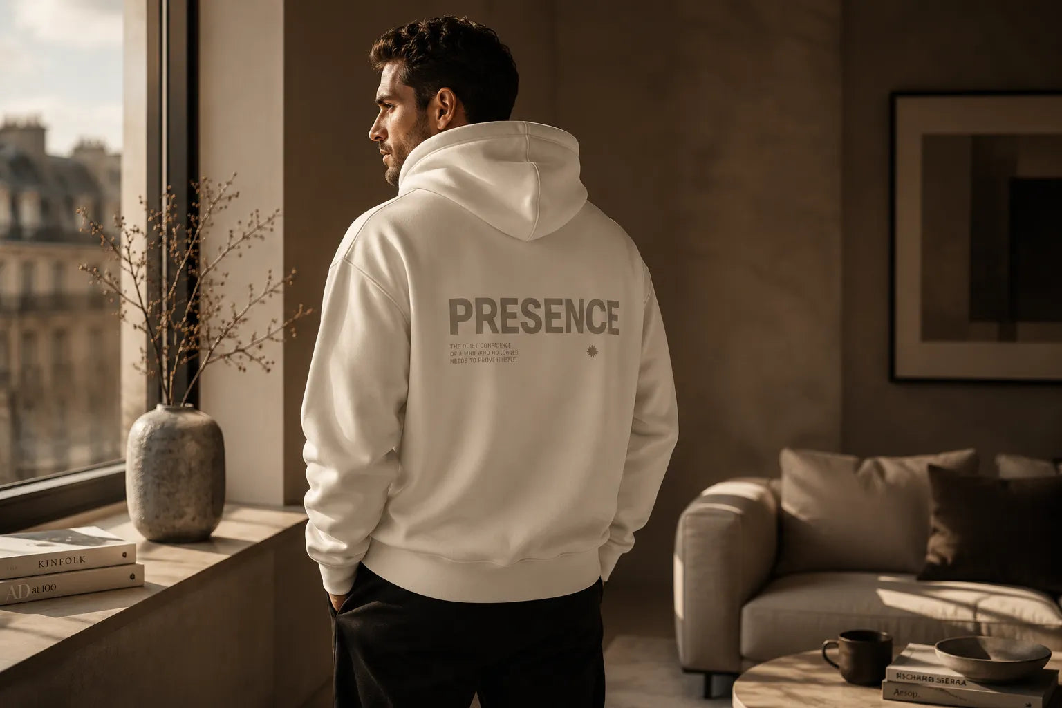 Man wearing the bone BRTLS Presence Hoodie in a warm minimalist interior with quiet luxury and editorial lifestyle aesthetic