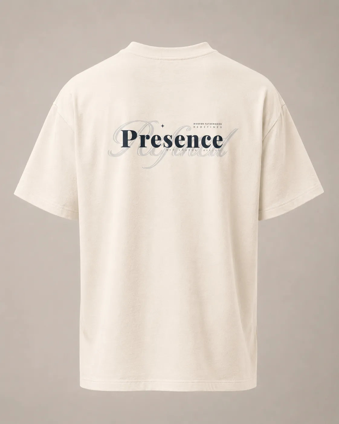 Back product image of the BRTLS Presence Refined Tee in Vintage White featuring tonal layered Presence artwork and relaxed oversized fit.