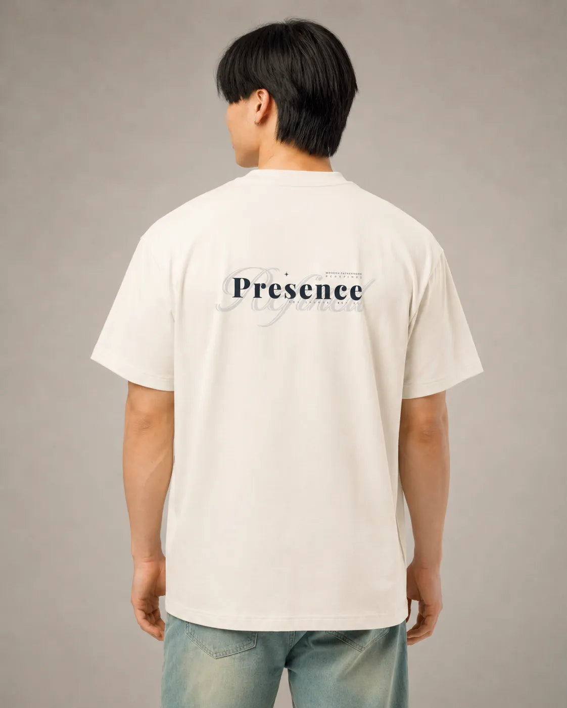 Back view of the BRTLS Presence Refined Tee in Vintage White featuring tonal Presence Refined artwork and relaxed heavyweight silhouette.