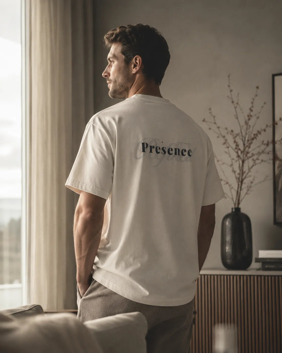 Editorial lifestyle image of the BRTLS Presence Refined Tee in Vintage White featuring a relaxed oversized fit, heavyweight drape and refined minimalist interior aesthetic.