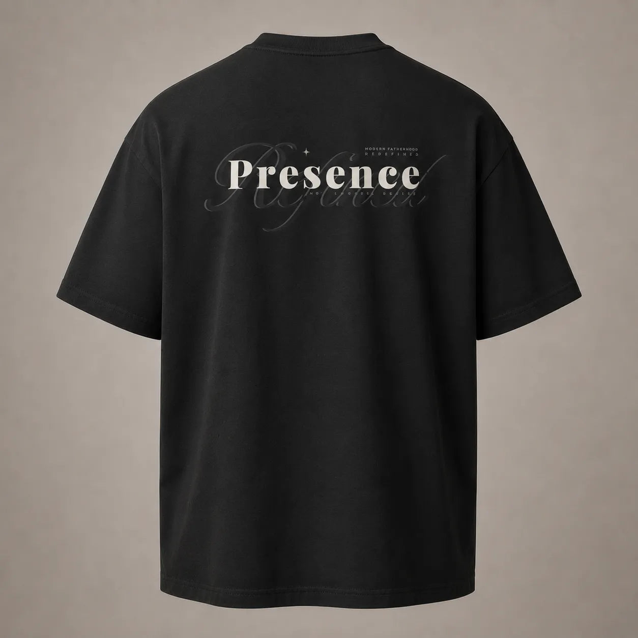 Back view of the BRTLS Refined Presence Tee Black with tonal Presence artwork and minimalist design