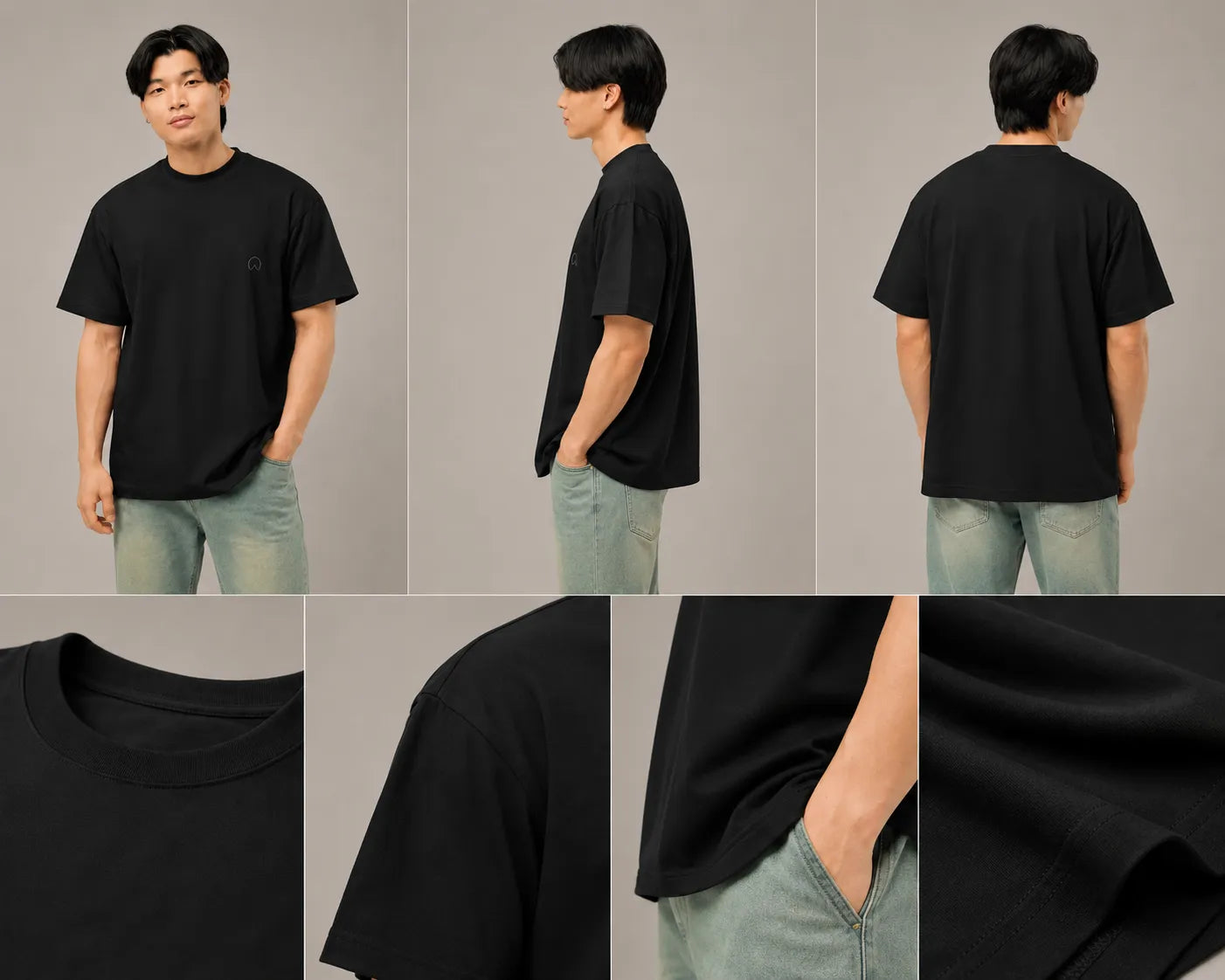 Studio fit and feel image of the BRTLS Refined Presence Tee Black showing the oversized relaxed silhouette, heavyweight cotton fabric and structured drape from multiple angles