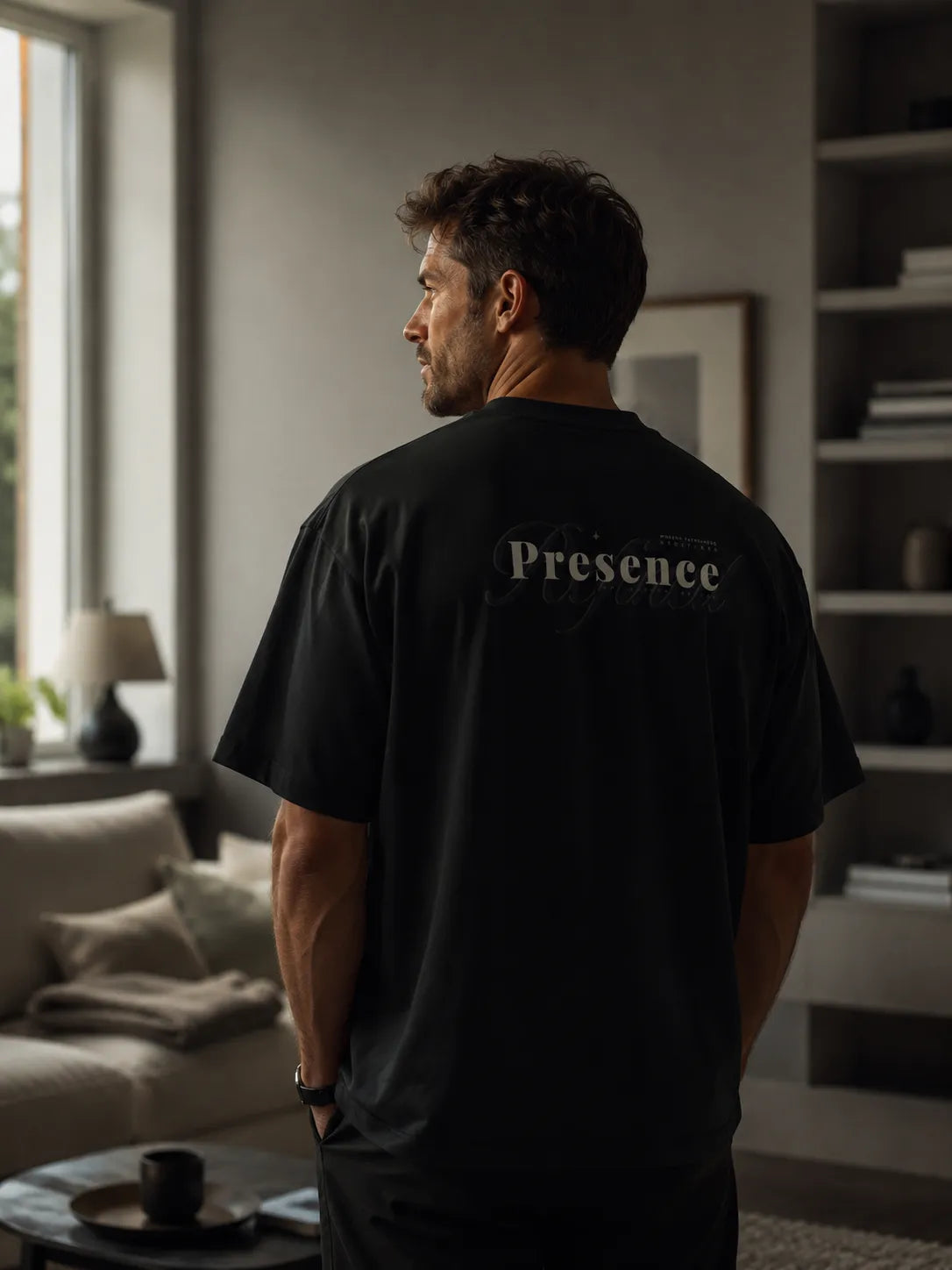 Man wearing the BRTLS Refined Presence Tee Black in a minimalist Scandinavian interior