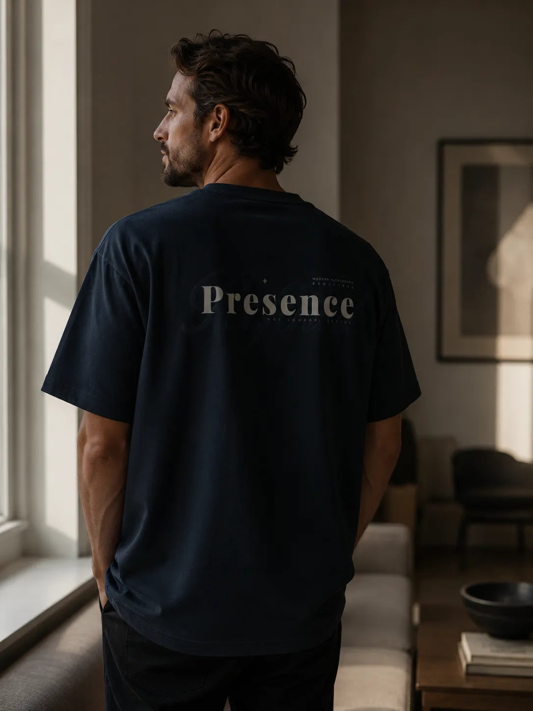 Lifestyle image of a man wearing the BRTLS Refined Presence Tee Navy Blazer in a calm minimalist interior with natural light