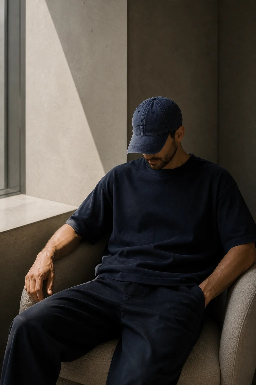 Modern fatherhood editorial portrait featuring Core Vintage Cap Navy