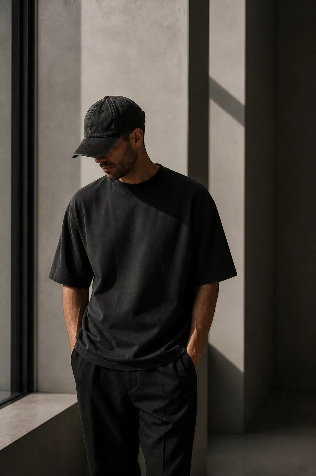 Core Vintage Cap Black worn by modern father in minimalist architectural setting