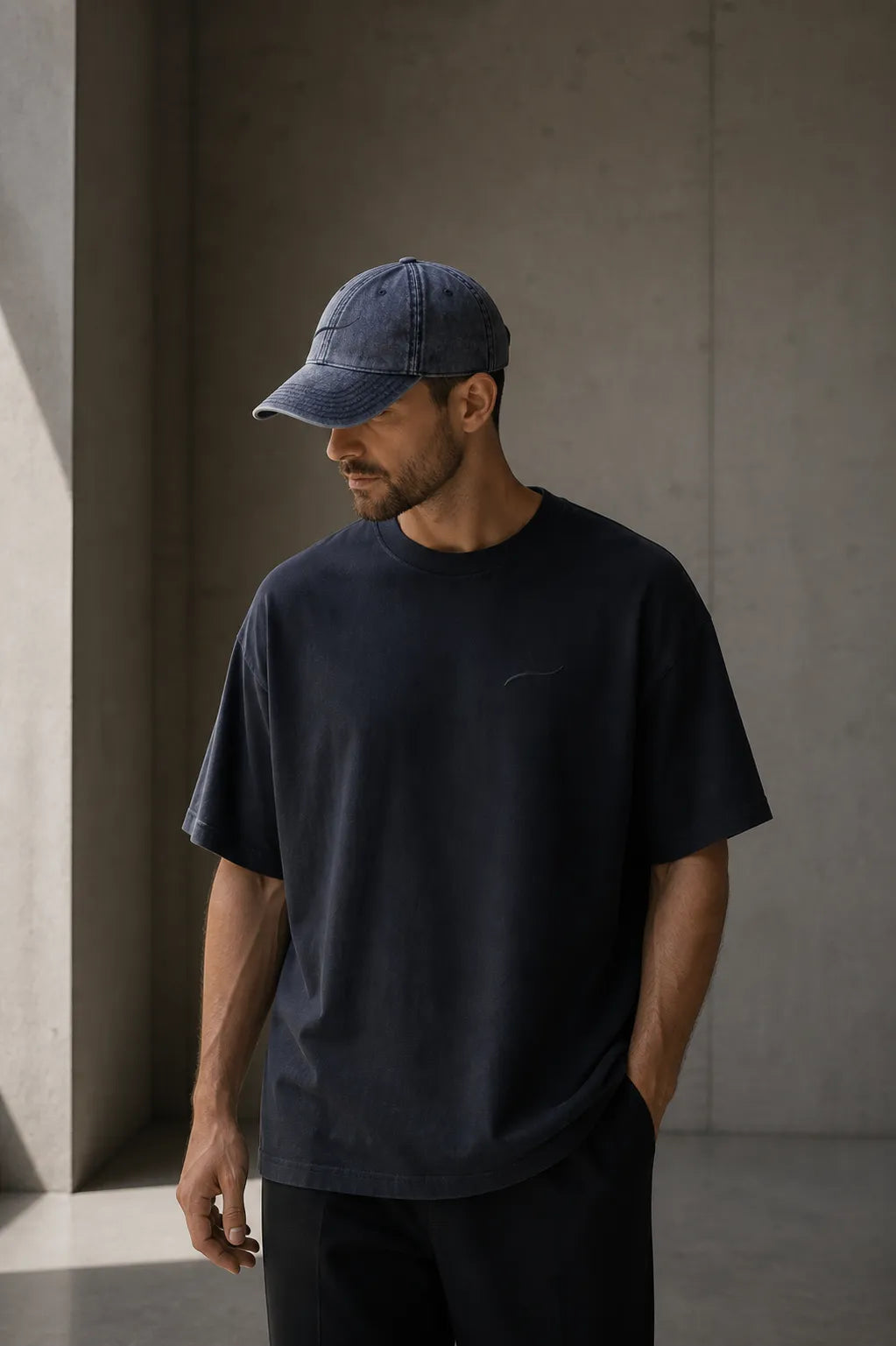 Core Vintage Cap Navy worn by modern father in minimalist architectural setting