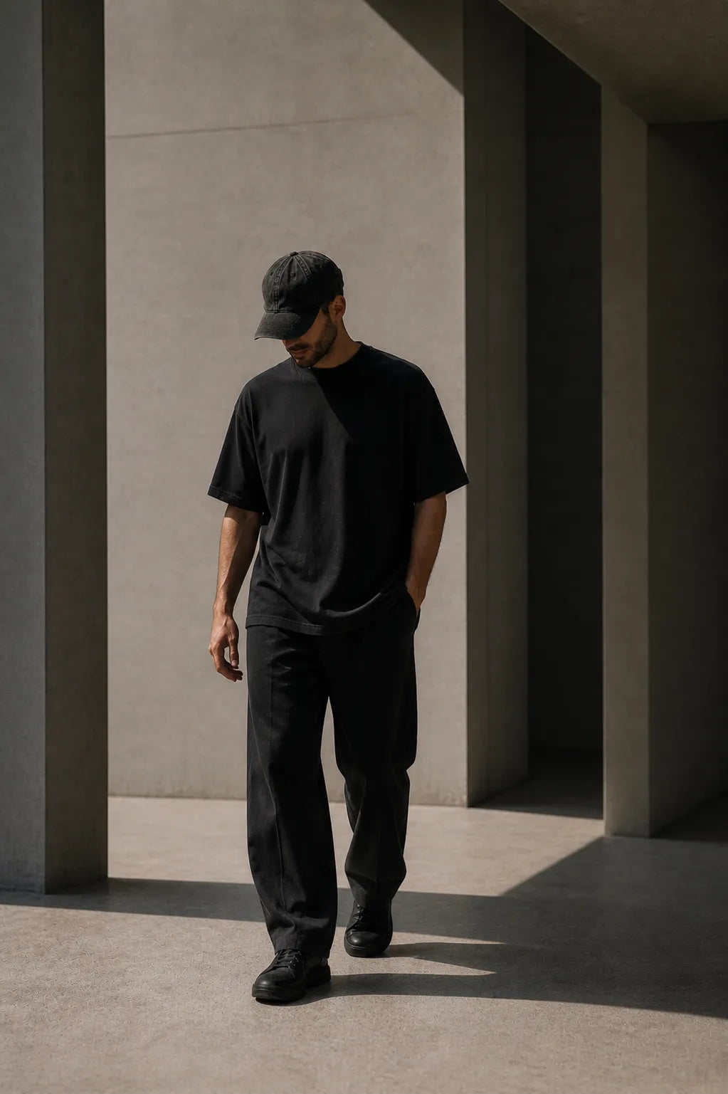 Premium vintage black dad cap in motion lifestyle photography