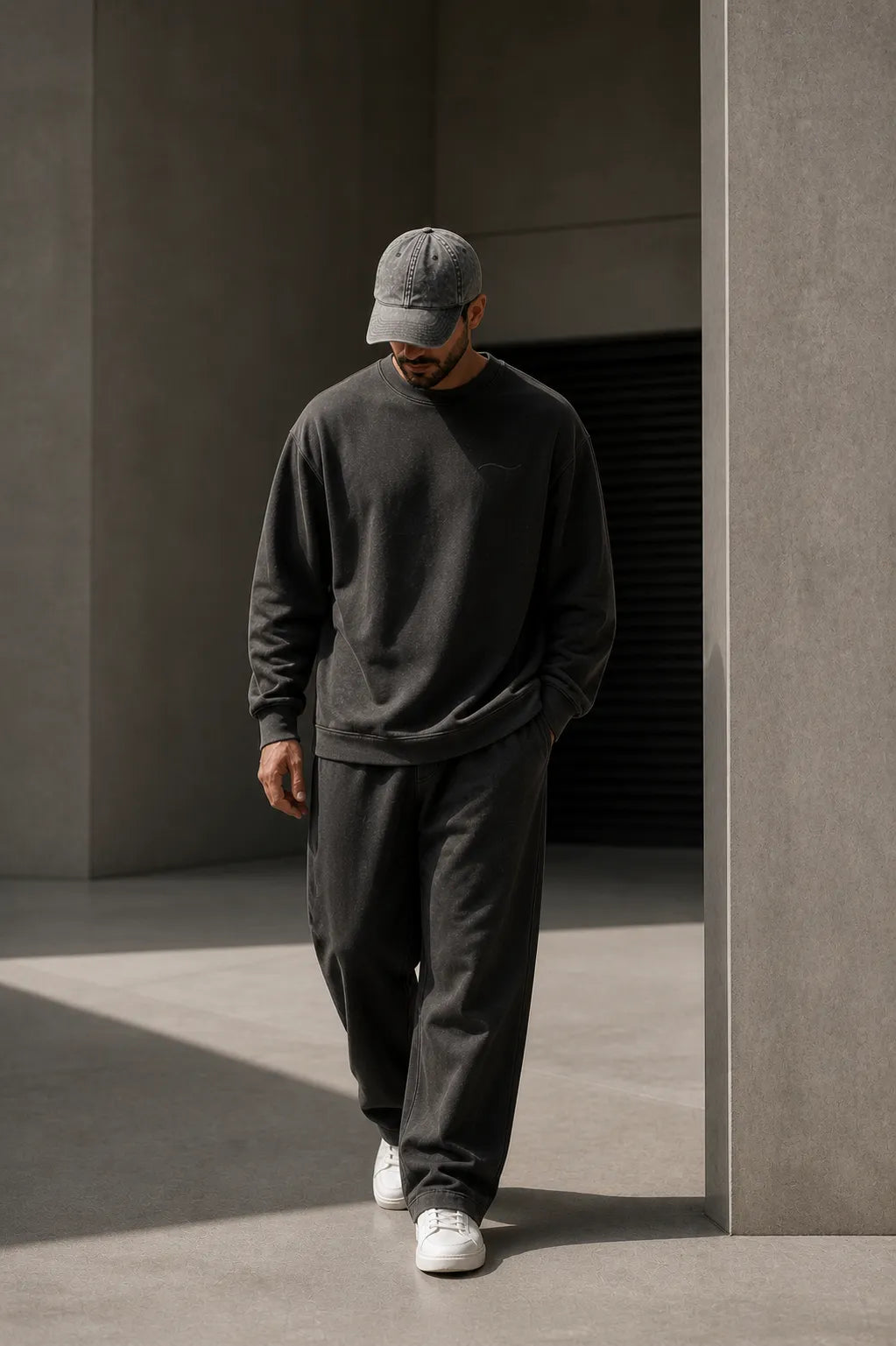 Premium charcoal grey dad cap in motion lifestyle photography