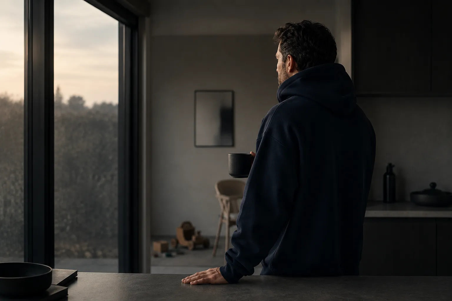 Modern father standing in a minimalist kitchen wearing a navy oversized hoodie during a quiet morning moment